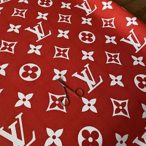 red lv fabric vinyl with bigger white patterns